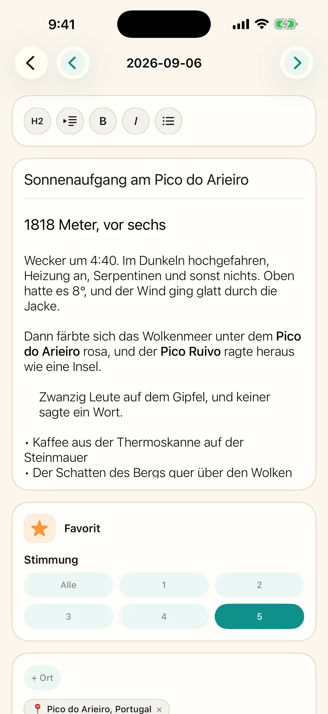 Einen Tagebucheintrag mit Stimmung und Ort schreiben