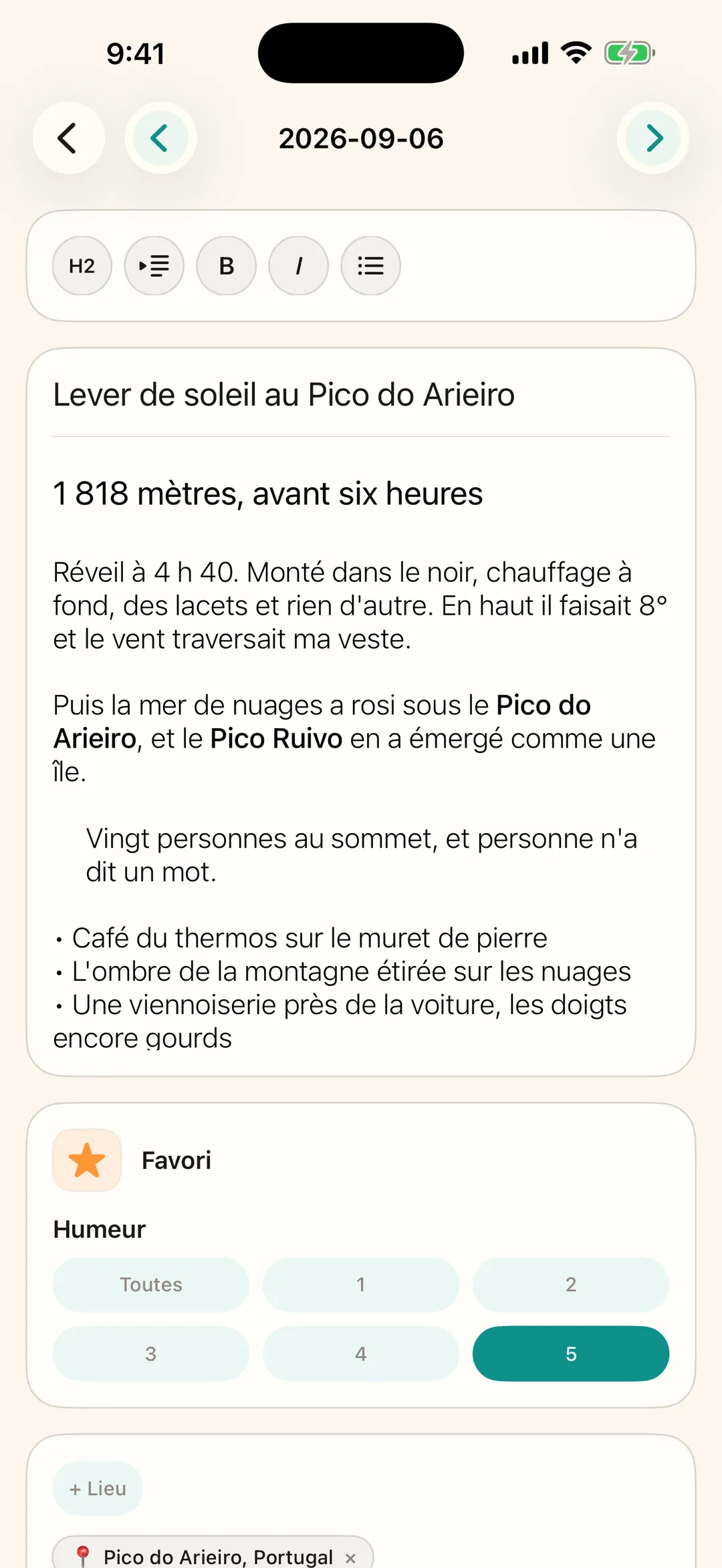 Rédiger une entrée avec humeur et lieu