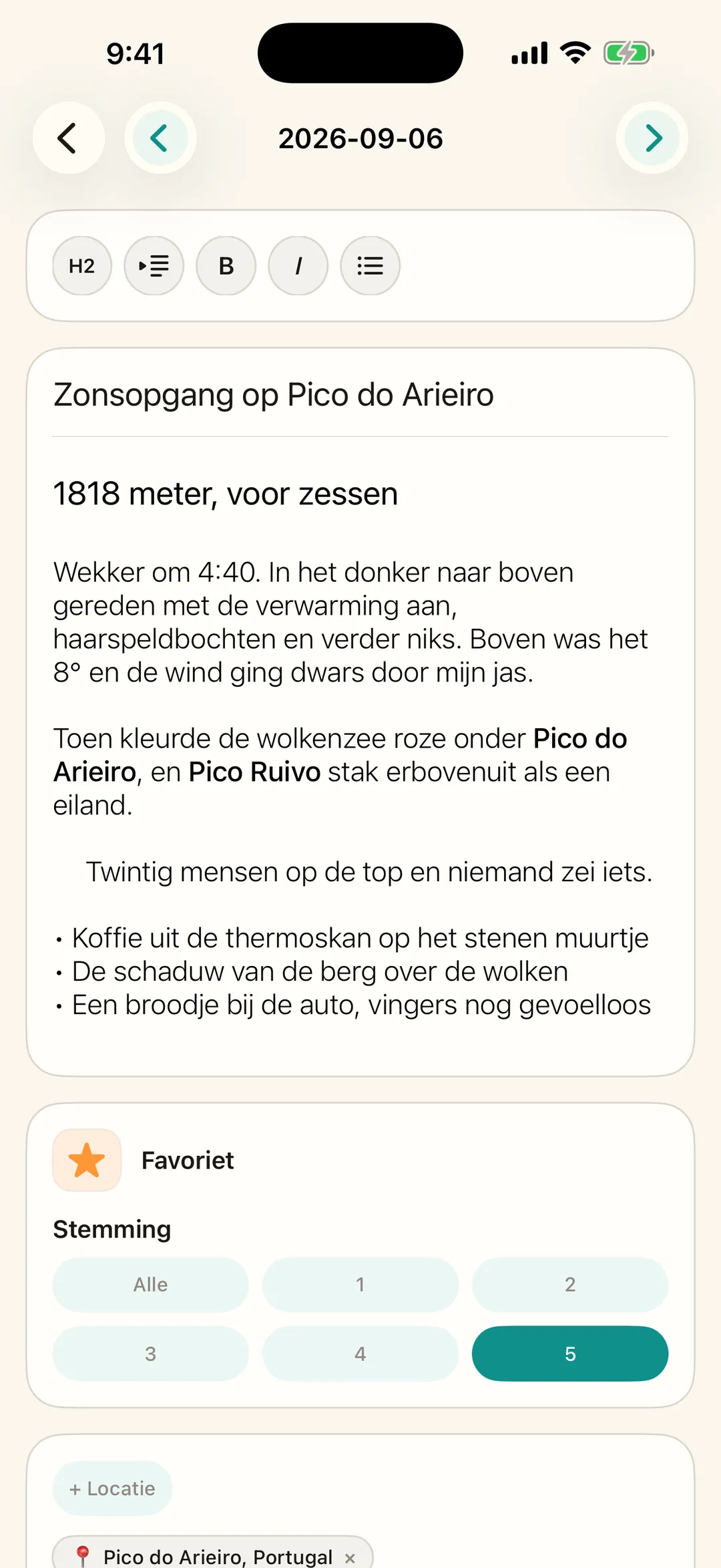 Een dagboekbericht schrijven met stemming en plaats